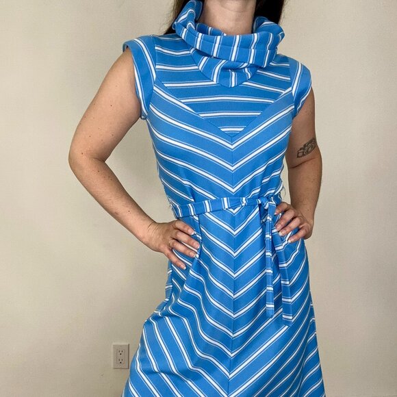 *Custom Made Blue Striped Turtleneck Sleeveless Dress - Picture 1 of 7
